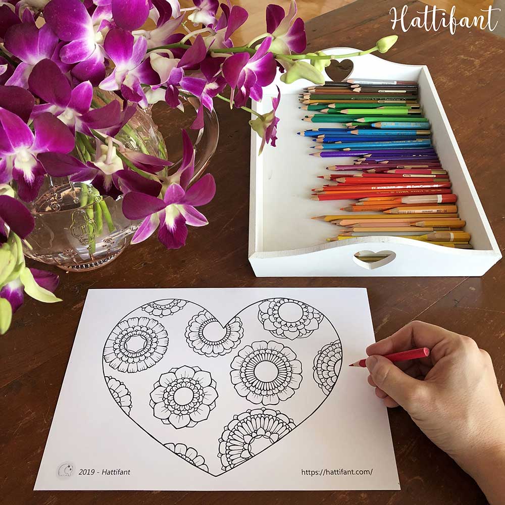 Hattifant's Heart & Flowers Coloring Page perfect for Valentine's Day