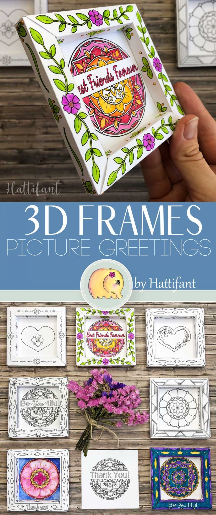 Hattifant's 3D Frames Valentine's Day Greetings to Color