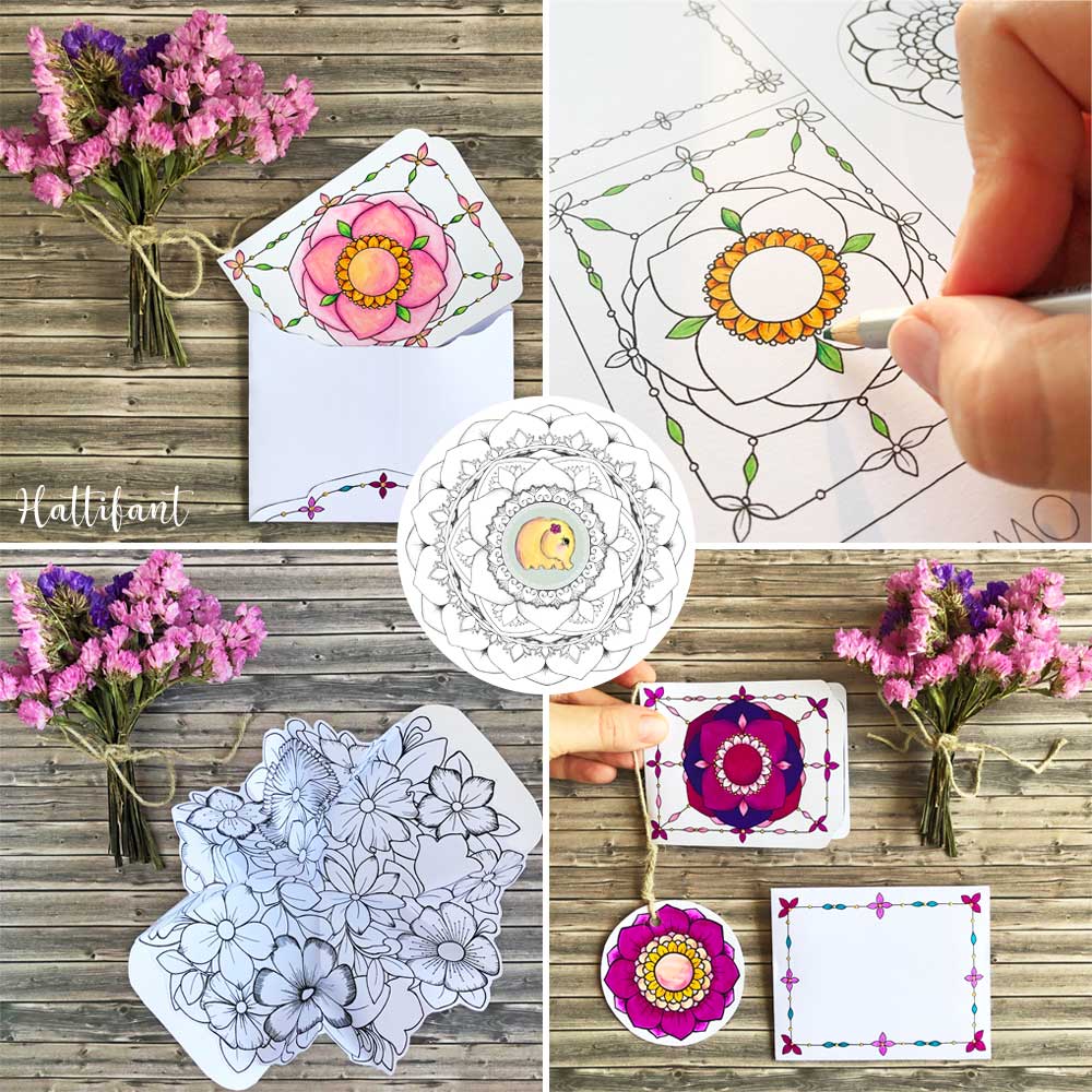 Hattifant's Flowers and Heart Explosion Cards Paper Craft to Color Pop Up Cards