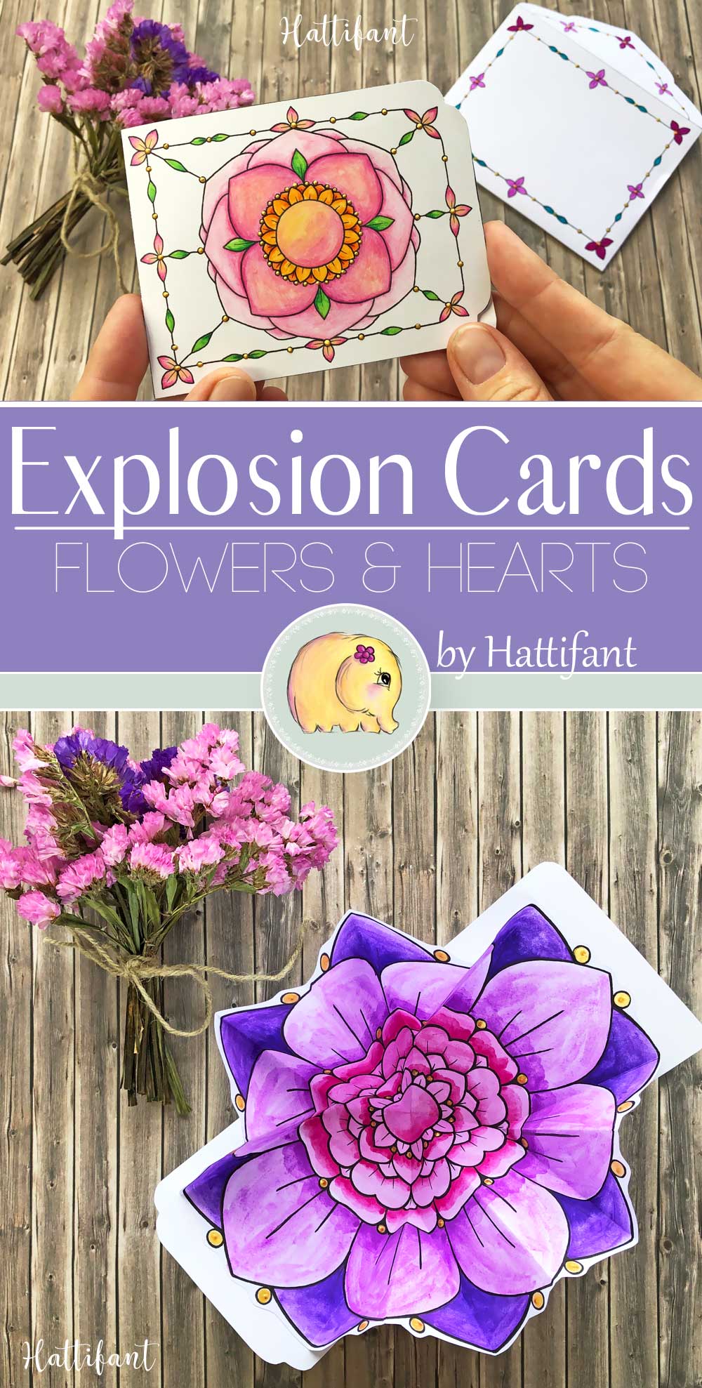 Hattifant's Flowers and Heart Explosion Cards Paper Craft to Color Pop Up Cards