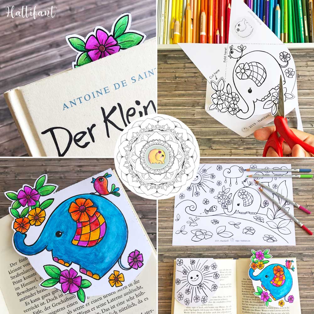 Hattifant's Kids Coloring Page and Corner Bookmarks Elephant Spring Flowers