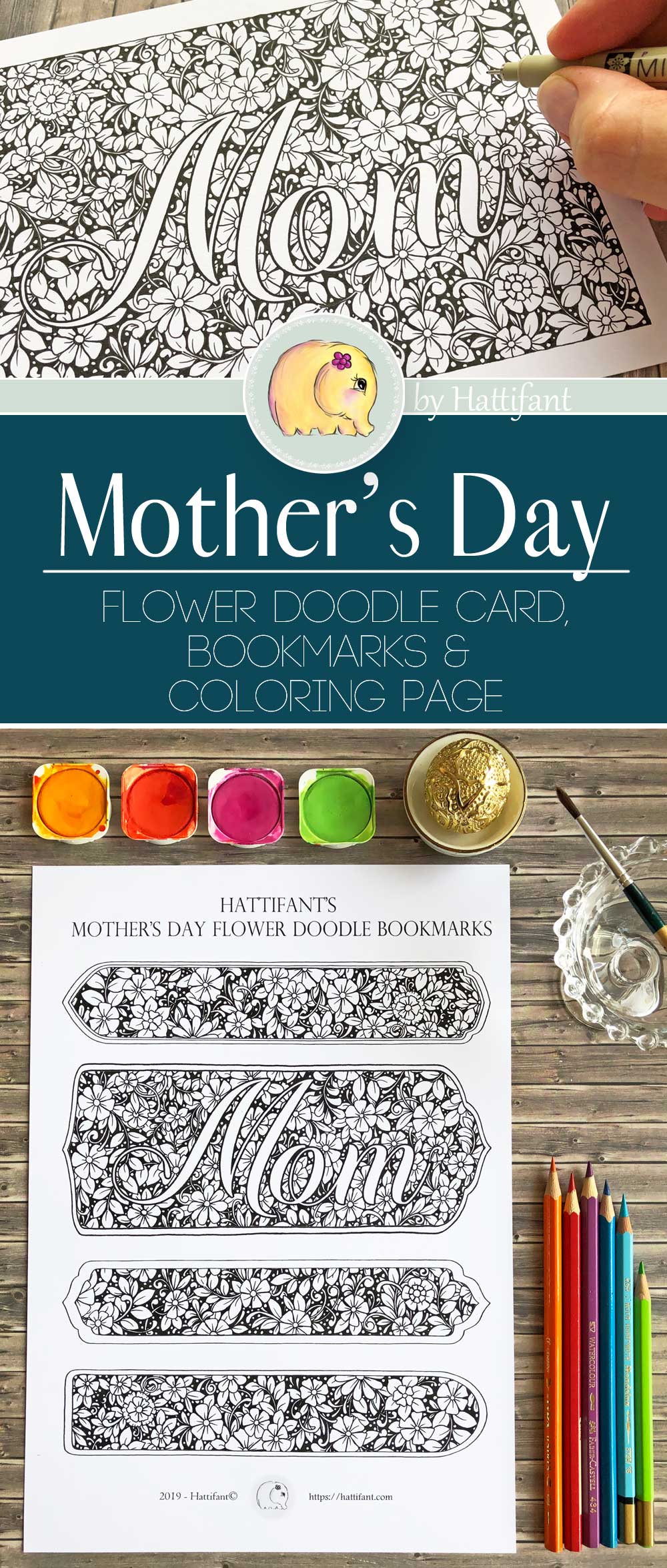 Hattifant's Mother's Day Flower Doodle Card, Bookmarks and Coloring Page