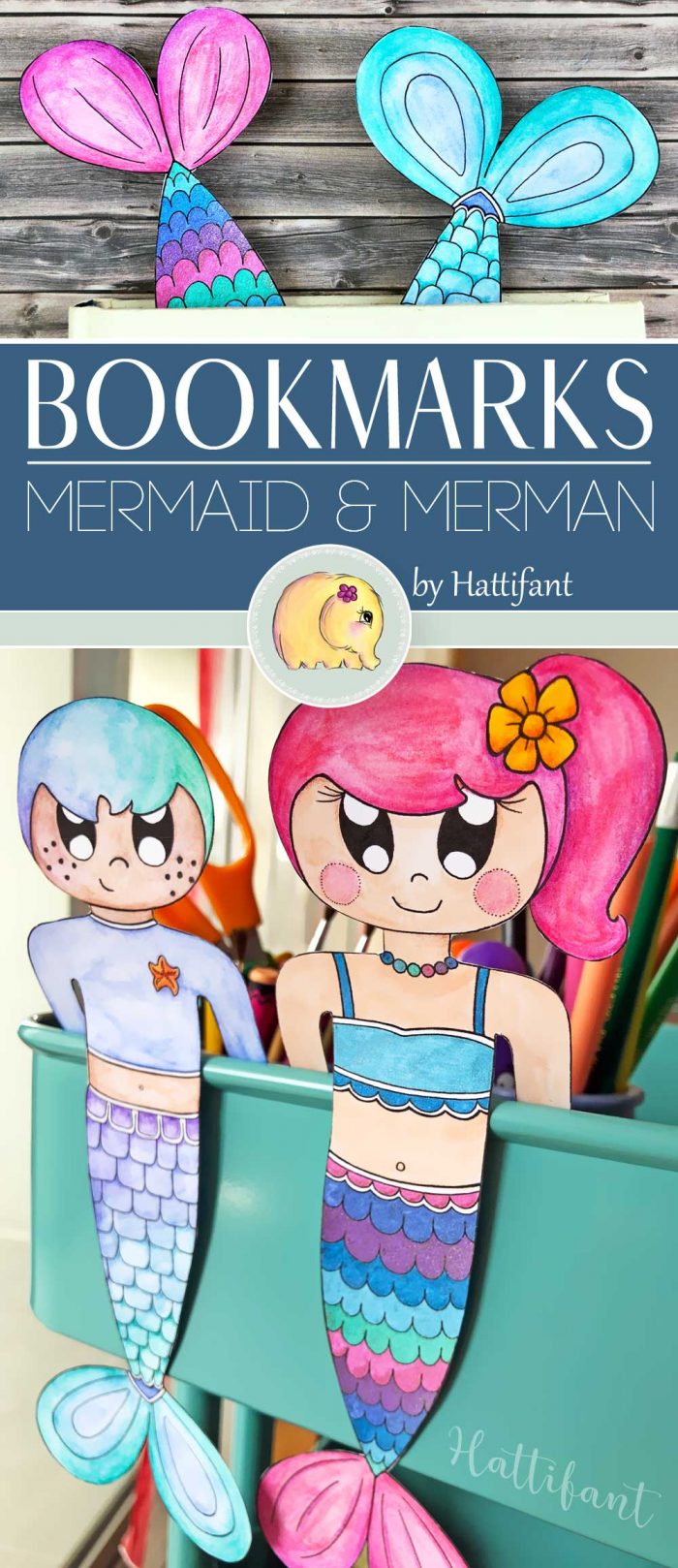 Hattifant's Mermaid and Merman Bookmarks to Color Garland
