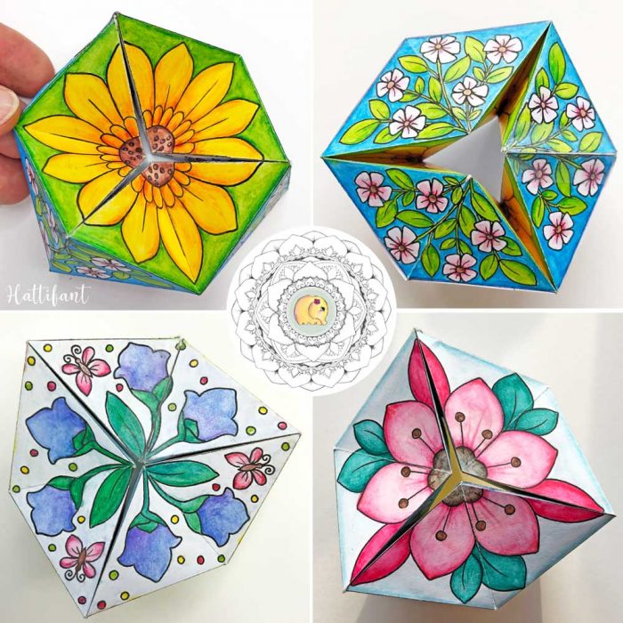 Hattifant's Spring Kaleidocycle Paper Toy Paper Craft to Color, Craft and Play 4 Sides