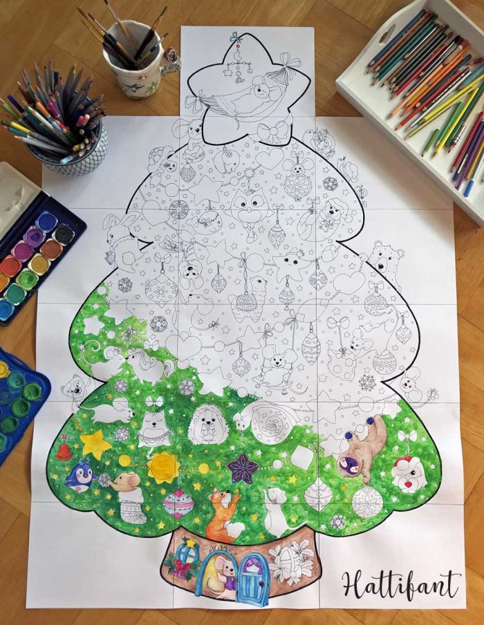 GIANT POSTER | Christmas Tree - Animal Cuties to Color - Hattifant