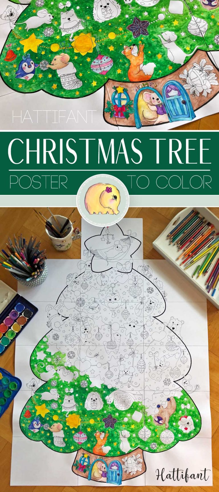 GIANT POSTER | Christmas Tree - Animal Cuties to Color - Hattifant