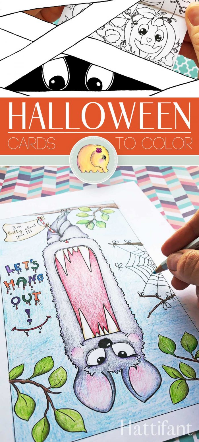 Hattifant's Big Mouth Surprise Cards to Color with bat, pumpkin, cat, ghost and candy