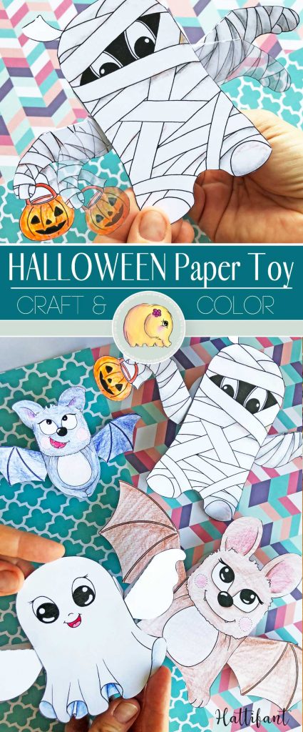Hattifant's Halloween 3D Moving Paper Toy with bat, ghost and mummy to color and craft Pin