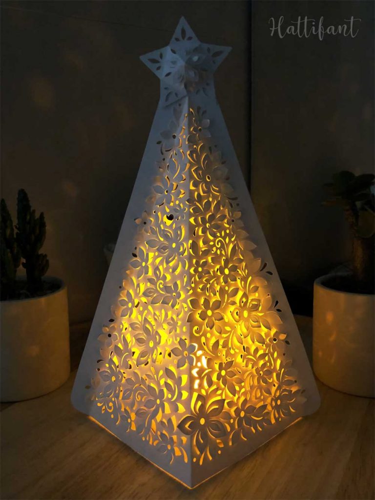 Hattifant's 3D Paper Cut Christmas Tree Luminary by night