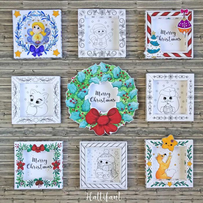 Hattifant's 3D Shadow Frames Christmas Cards to Color and Craft bundle