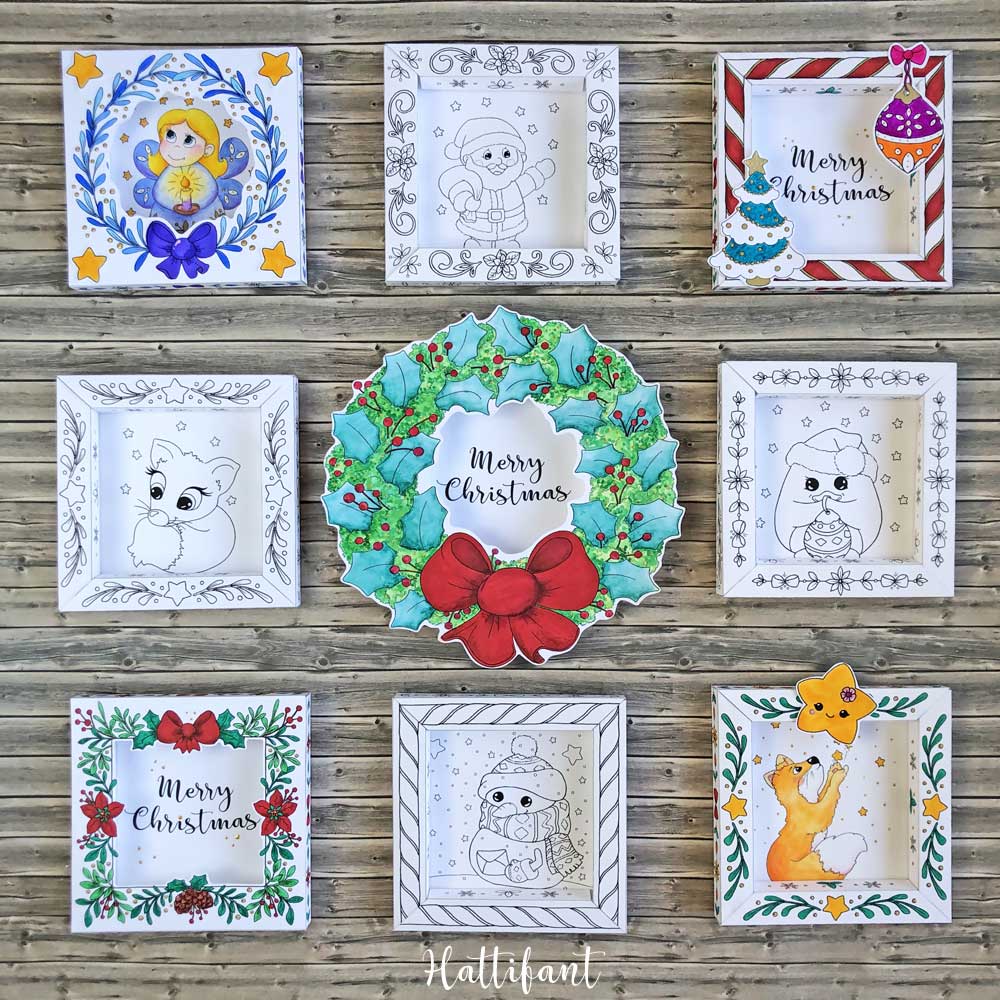 3d Shadow Frame Bundle Christmas Cards To Color Hattifant