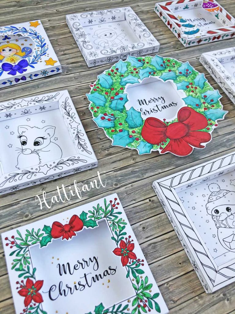 Hattifant's 3D Shadow Frames Christmas Cards to Color and Craft pin