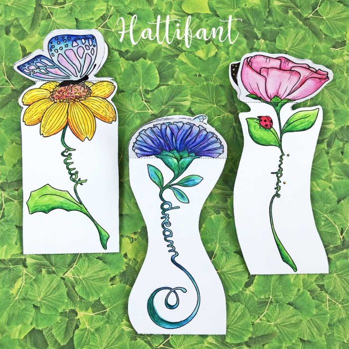 Hattifant's Inspirational 3D Spring Flower and Butterfly Bookmarks to color and craft trust believe inspire imagine dream fly