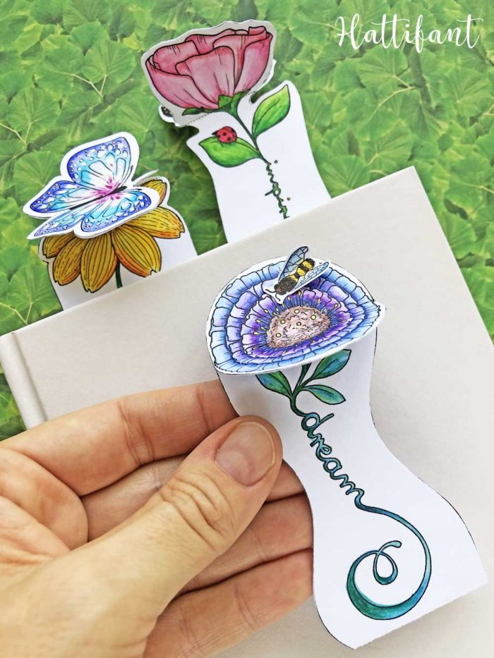 Hattifant's Inspirational 3D Spring Flower and Butterfly Bookmarks to color and craft pin2