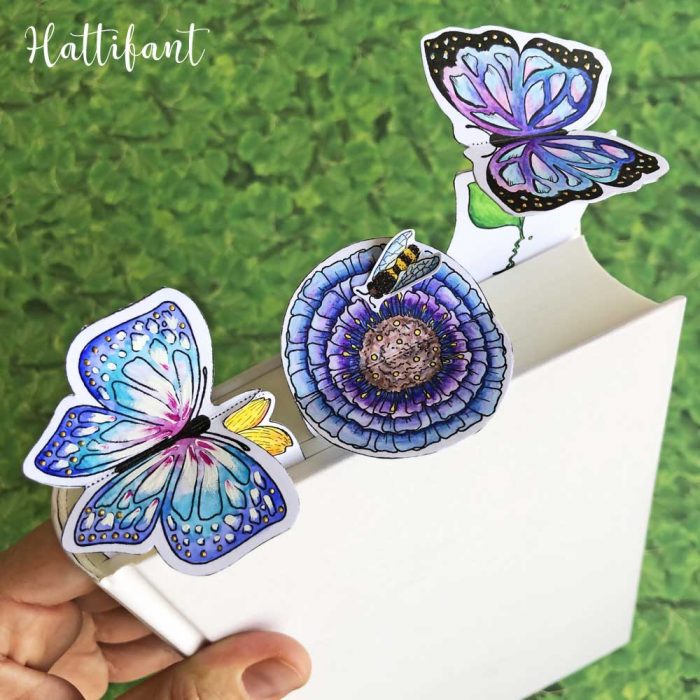 Hattifant's Inspirational 3D Spring Flower and Butterfly Bookmarks to color and craft topview