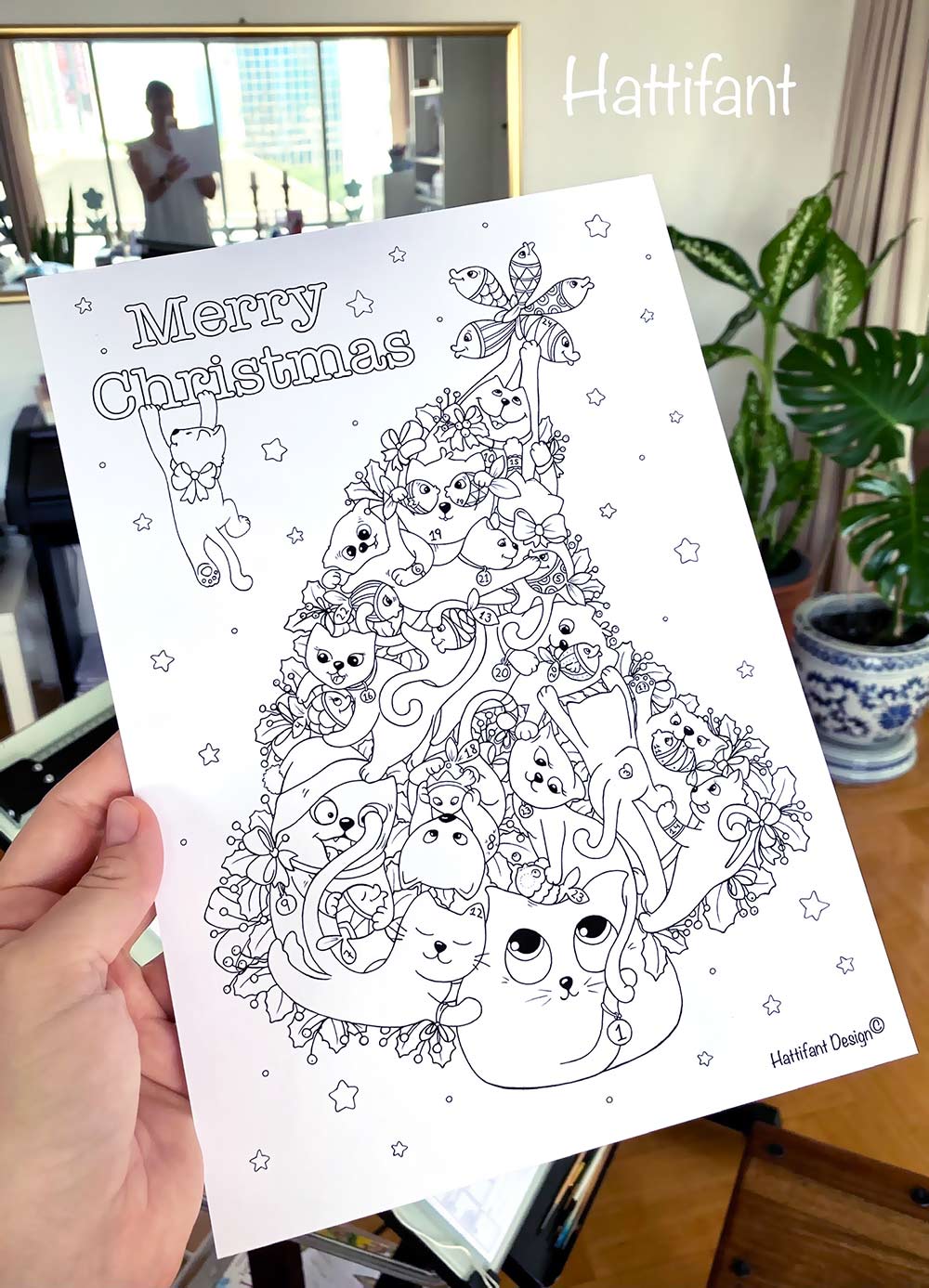 Hattifant's Kitty Cat Christmas Tree Advent Calendar to color in