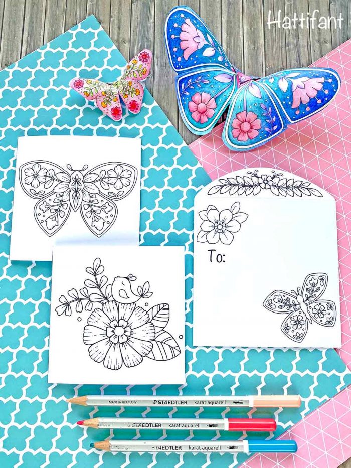 Hattifant's 3D Butterflies with Scandinavian Folk Art Feel on cards and envelope