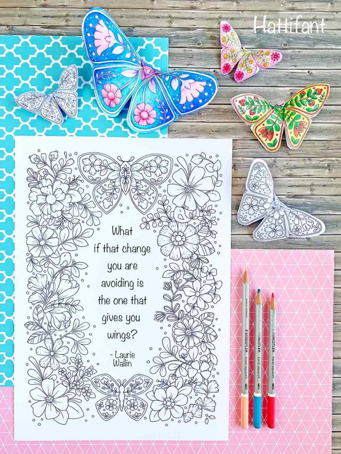 Hattifant's 3D Butterflies with Scandinavian Folk Art Feel coloring page with quote