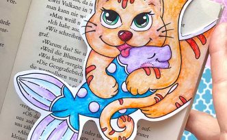 Hattifant's Kitty Cat Hugs Fish Corner Bookmarks to Color