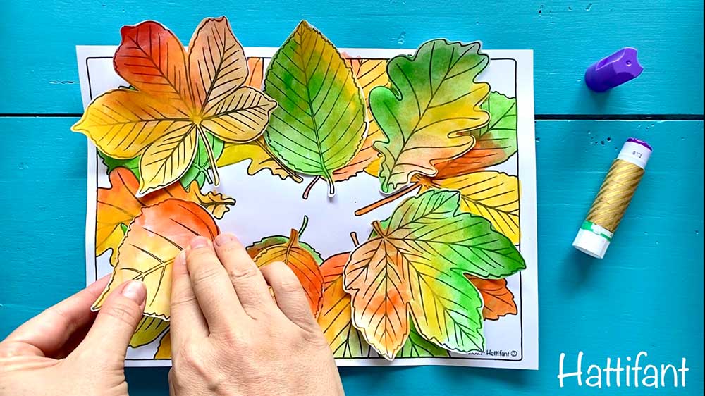 Hattifant's Autumn Craft 3D Woodland Animal Collages glueing on leaves