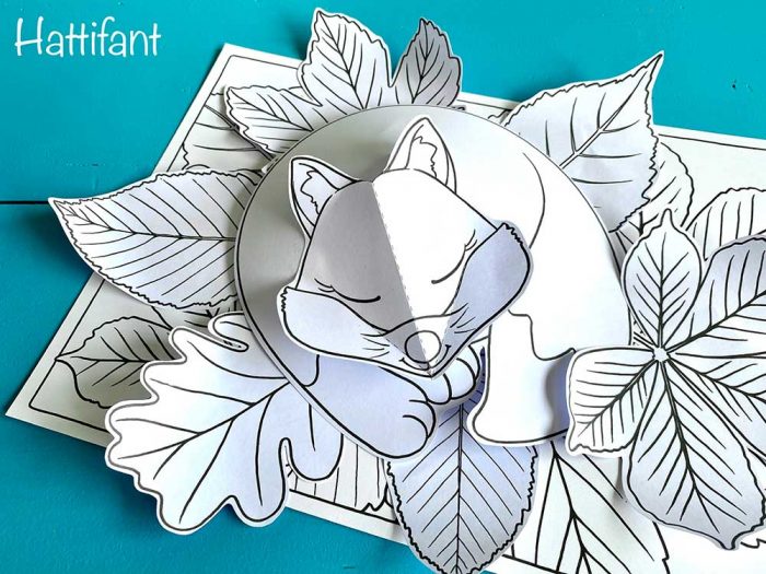 Hattifant's Autumn Craft 3D Woodland Animal Collages sleeping fox in black and white