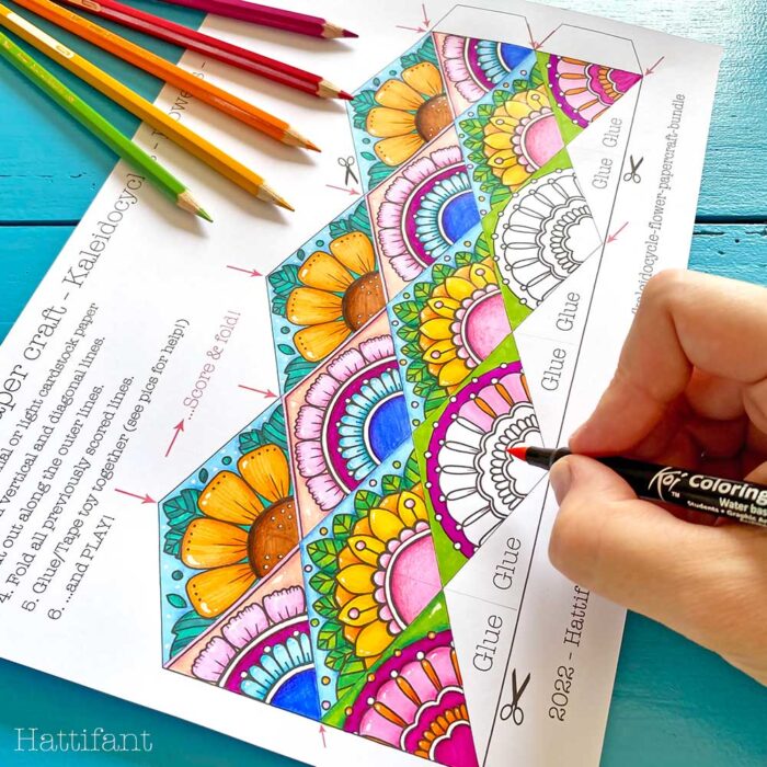 Coloring in a flower kaleidocycle PDF template