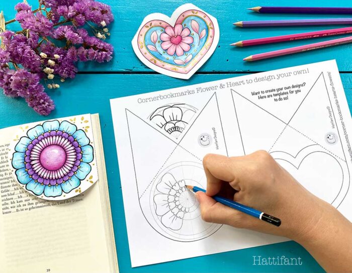 create your own Mandala flower and heart Corner Boomarks with instructions and drawing aid