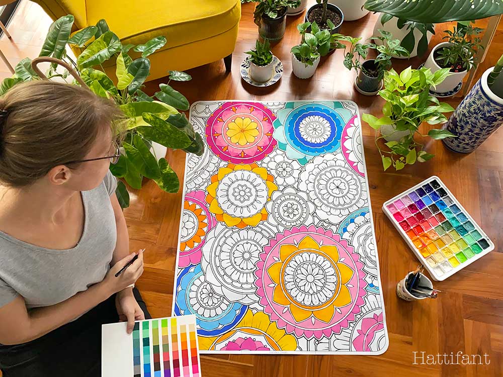 Creator looking at her Giant Mandala Poster