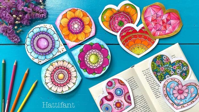 display of all DIY heart and flower corner bookmarks made and colored by hand